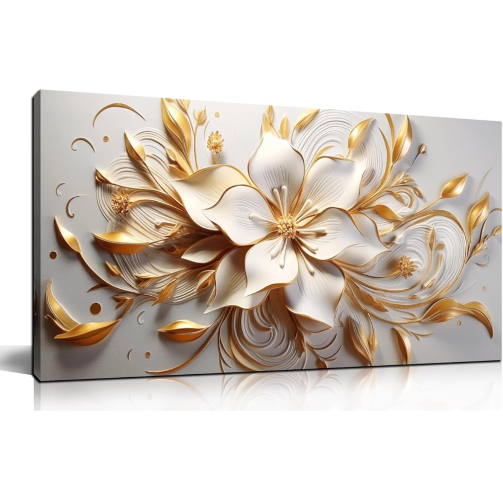 Gold and White Floral Canvas Art